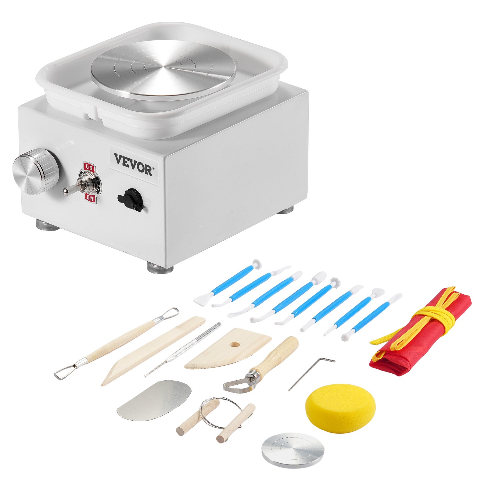 VEVOR Mini Torno de Alfarero Velocidad Regulable 0-320 RPM Torno de Alfarero con Lavabo Extraíble 2 Platos Giratorios de 6,5 cm y 10 cm 18 Accesorios para Manualidades Bricolaje en Hogar, Blanco