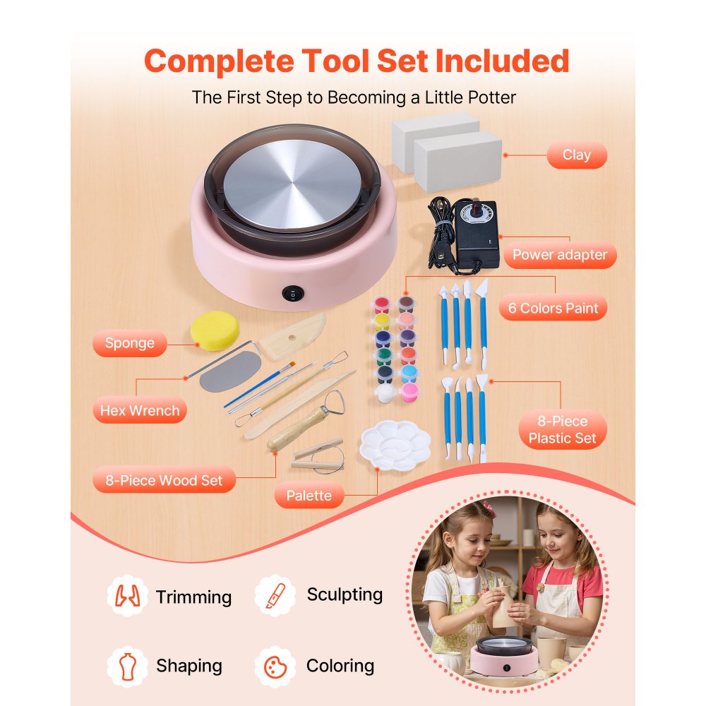 VEVOR Mini Torno de Cerámica, Plato Giratorio de 158 mm Rotación Hacia Adelante/Atrás Velocidad Ajustable, Torno de Arcilla Redondo Eléctrico con Herramientas para Moldear Arcilla para Niños, Rosa