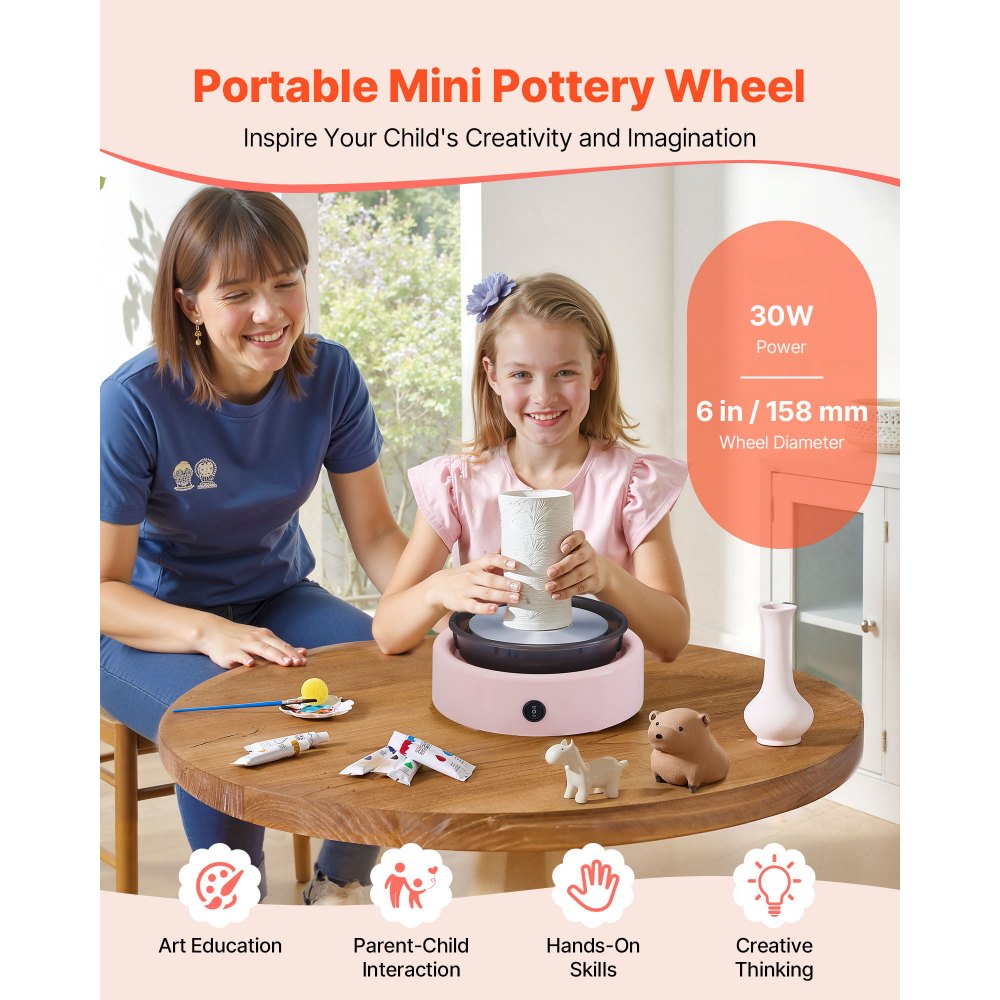 VEVOR Mini Torno de Cerámica, Plato Giratorio de 158 mm Rotación Hacia Adelante/Atrás Velocidad Ajustable, Torno de Arcilla Redondo Eléctrico con Herramientas para Moldear Arcilla para Niños, Rosa