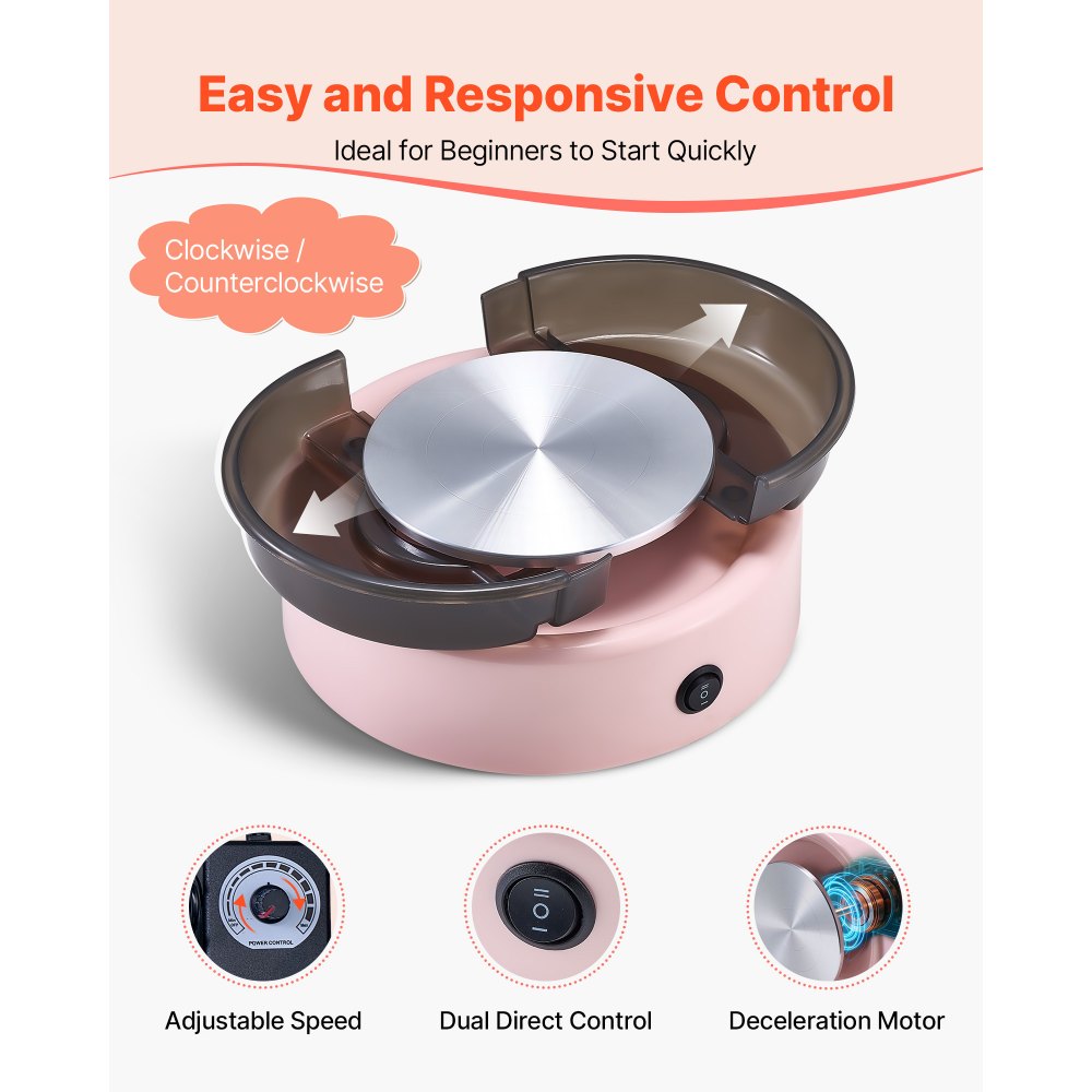 VEVOR Mini Torno de Cerámica, Plato Giratorio de 158 mm Rotación Hacia Adelante/Atrás Velocidad Ajustable, Torno de Arcilla Redondo Eléctrico con Herramientas para Moldear Arcilla para Niños, Rosa