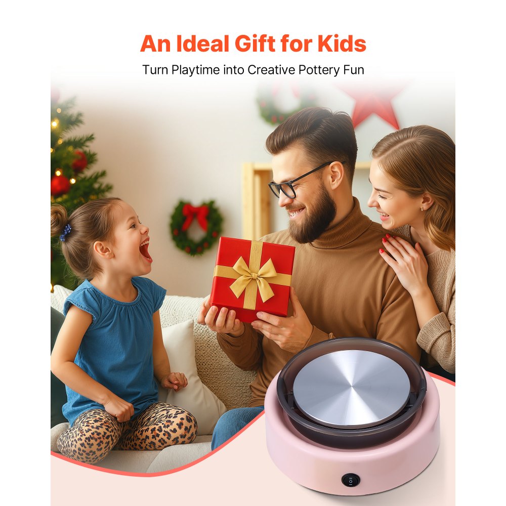 VEVOR Mini Torno de Cerámica, Plato Giratorio de 158 mm Rotación Hacia Adelante/Atrás Velocidad Ajustable, Torno de Arcilla Redondo Eléctrico con Herramientas para Moldear Arcilla para Niños, Rosa
