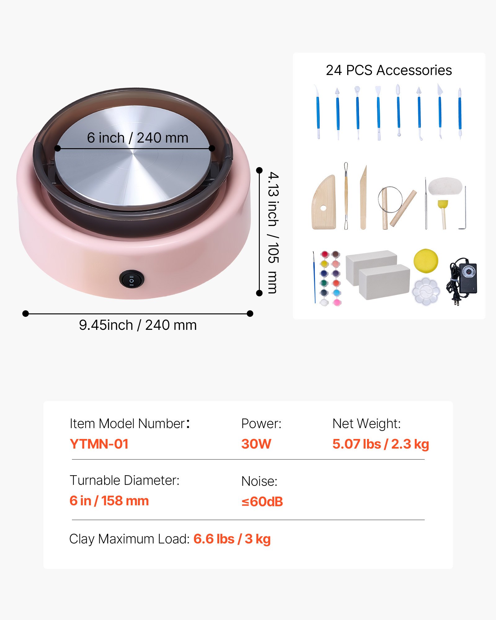 VEVOR Mini Torno de Cerámica, Plato Giratorio de 158 mm Rotación Hacia Adelante/Atrás Velocidad Ajustable, Torno de Arcilla Redondo Eléctrico con Herramientas para Moldear Arcilla para Niños, Rosa