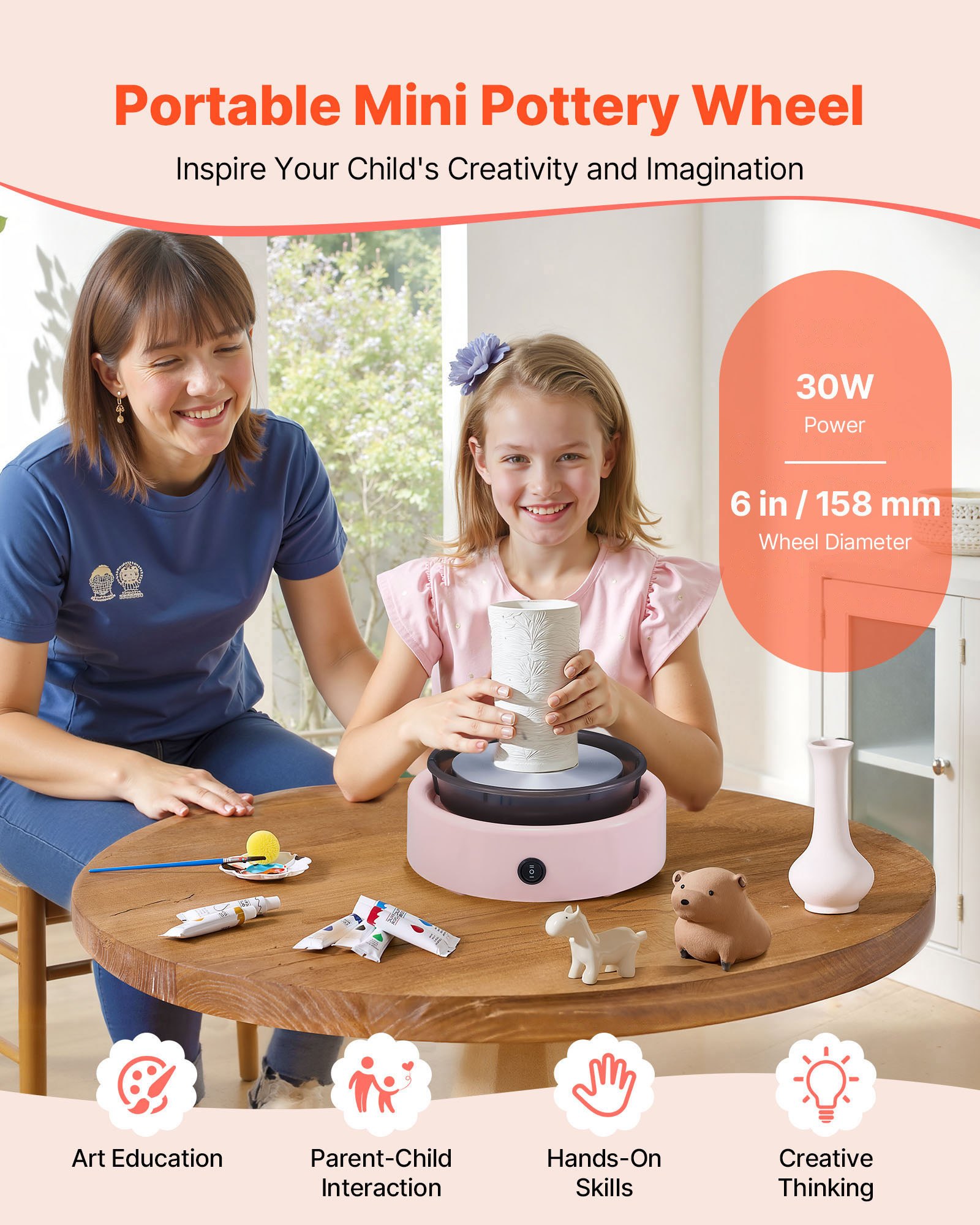 VEVOR Mini Torno de Cerámica, Plato Giratorio de 158 mm Rotación Hacia Adelante/Atrás Velocidad Ajustable, Torno de Arcilla Redondo Eléctrico con Herramientas para Moldear Arcilla para Niños, Rosa