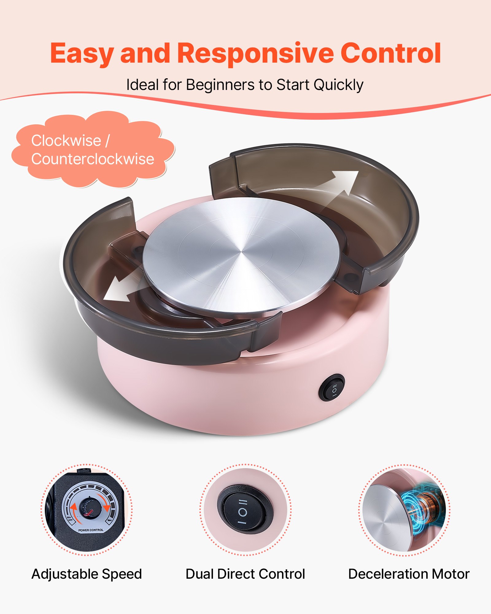 VEVOR Mini Torno de Cerámica, Plato Giratorio de 158 mm Rotación Hacia Adelante/Atrás Velocidad Ajustable, Torno de Arcilla Redondo Eléctrico con Herramientas para Moldear Arcilla para Niños, Rosa
