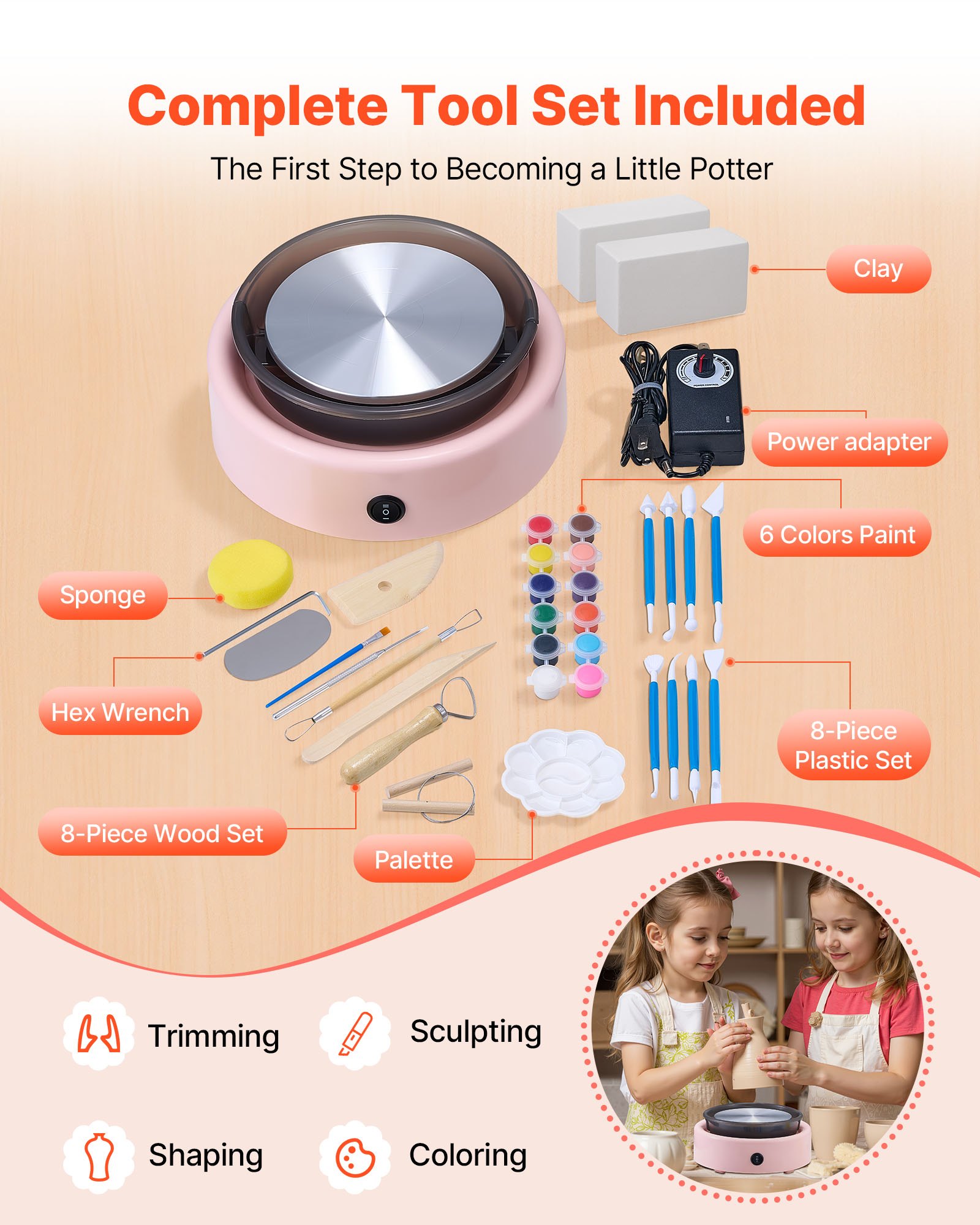 VEVOR Mini Torno de Cerámica, Plato Giratorio de 158 mm Rotación Hacia Adelante/Atrás Velocidad Ajustable, Torno de Arcilla Redondo Eléctrico con Herramientas para Moldear Arcilla para Niños, Rosa
