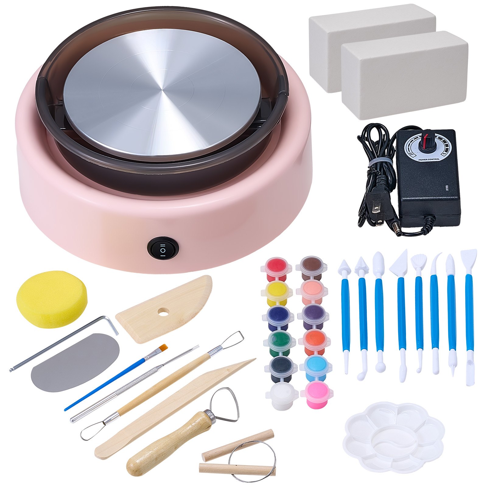 VEVOR Mini Torno de Cerámica, Plato Giratorio de 158 mm Rotación Hacia Adelante/Atrás Velocidad Ajustable, Torno de Arcilla Redondo Eléctrico con Herramientas para Moldear Arcilla para Niños, Rosa