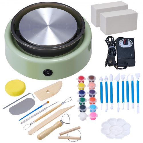 VEVOR Mini Torno de Cerámica, Plato Giratorio de 158 mm Rotación Hacia Adelante/Atrás Velocidad Ajustable, Torno de Arcilla Redondo Eléctrico con Herramientas para Moldear Arcilla para Niños, Verde