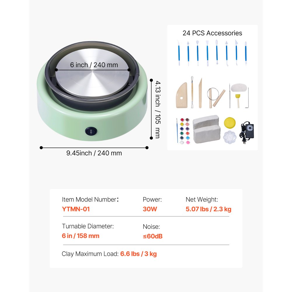 VEVOR Mini Torno de Cerámica, Plato Giratorio de 158 mm Rotación Hacia Adelante/Atrás Velocidad Ajustable, Torno de Arcilla Redondo Eléctrico con Herramientas para Moldear Arcilla para Niños, Verde