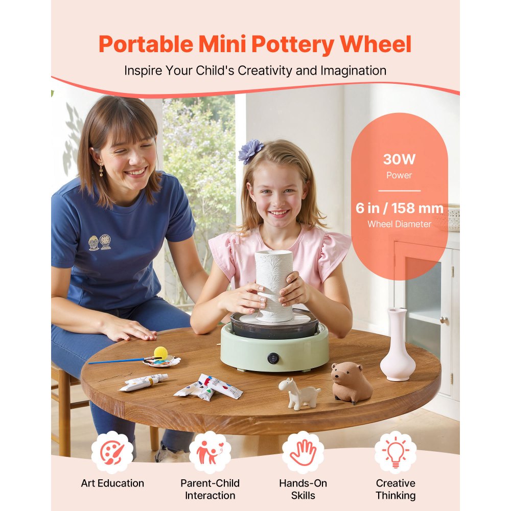 VEVOR Mini Torno de Cerámica, Plato Giratorio de 158 mm Rotación Hacia Adelante/Atrás Velocidad Ajustable, Torno de Arcilla Redondo Eléctrico con Herramientas para Moldear Arcilla para Niños, Verde