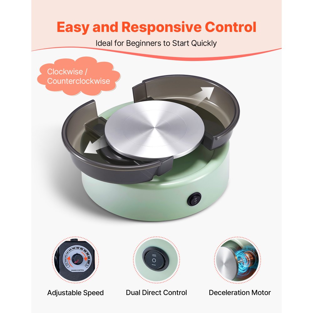 VEVOR Mini Torno de Cerámica, Plato Giratorio de 158 mm Rotación Hacia Adelante/Atrás Velocidad Ajustable, Torno de Arcilla Redondo Eléctrico con Herramientas para Moldear Arcilla para Niños, Verde