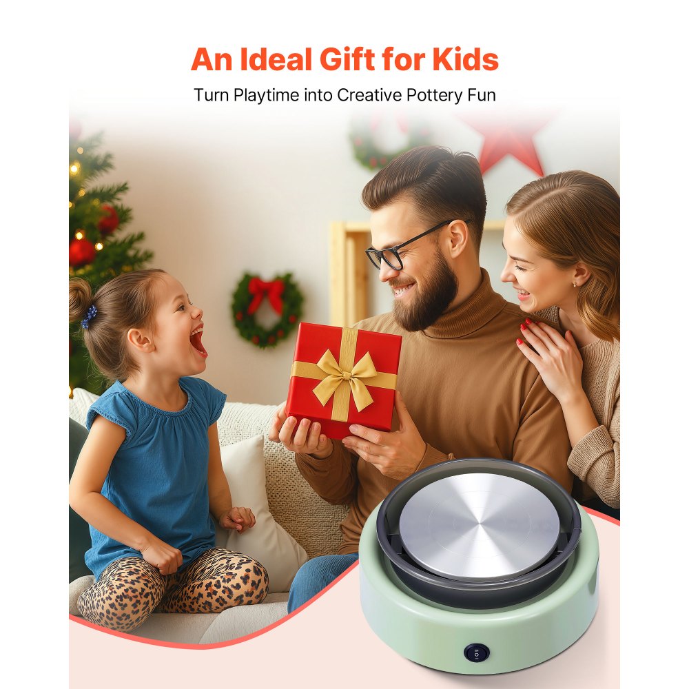 VEVOR Mini Torno de Cerámica, Plato Giratorio de 158 mm Rotación Hacia Adelante/Atrás Velocidad Ajustable, Torno de Arcilla Redondo Eléctrico con Herramientas para Moldear Arcilla para Niños, Verde