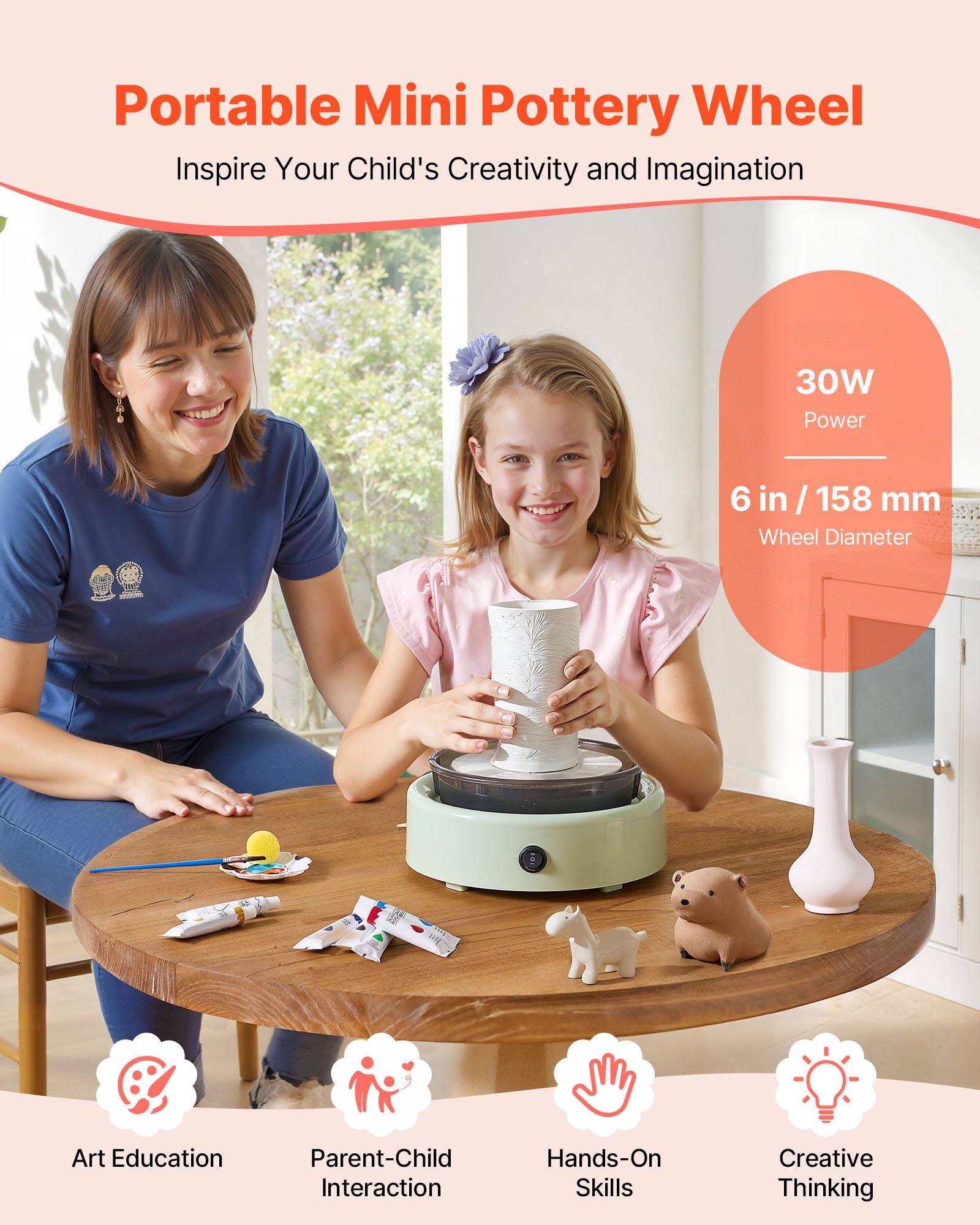 VEVOR Mini Torno de Cerámica, Plato Giratorio de 158 mm Rotación Hacia Adelante/Atrás Velocidad Ajustable, Torno de Arcilla Redondo Eléctrico con Herramientas para Moldear Arcilla para Niños, Verde