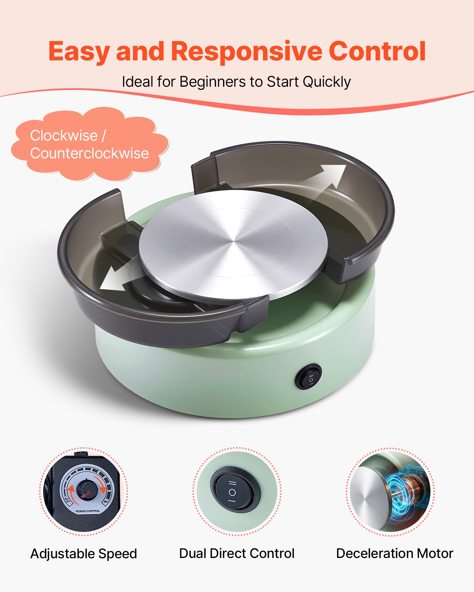 VEVOR Mini Torno de Cerámica, Plato Giratorio de 158 mm Rotación Hacia Adelante/Atrás Velocidad Ajustable, Torno de Arcilla Redondo Eléctrico con Herramientas para Moldear Arcilla para Niños, Verde