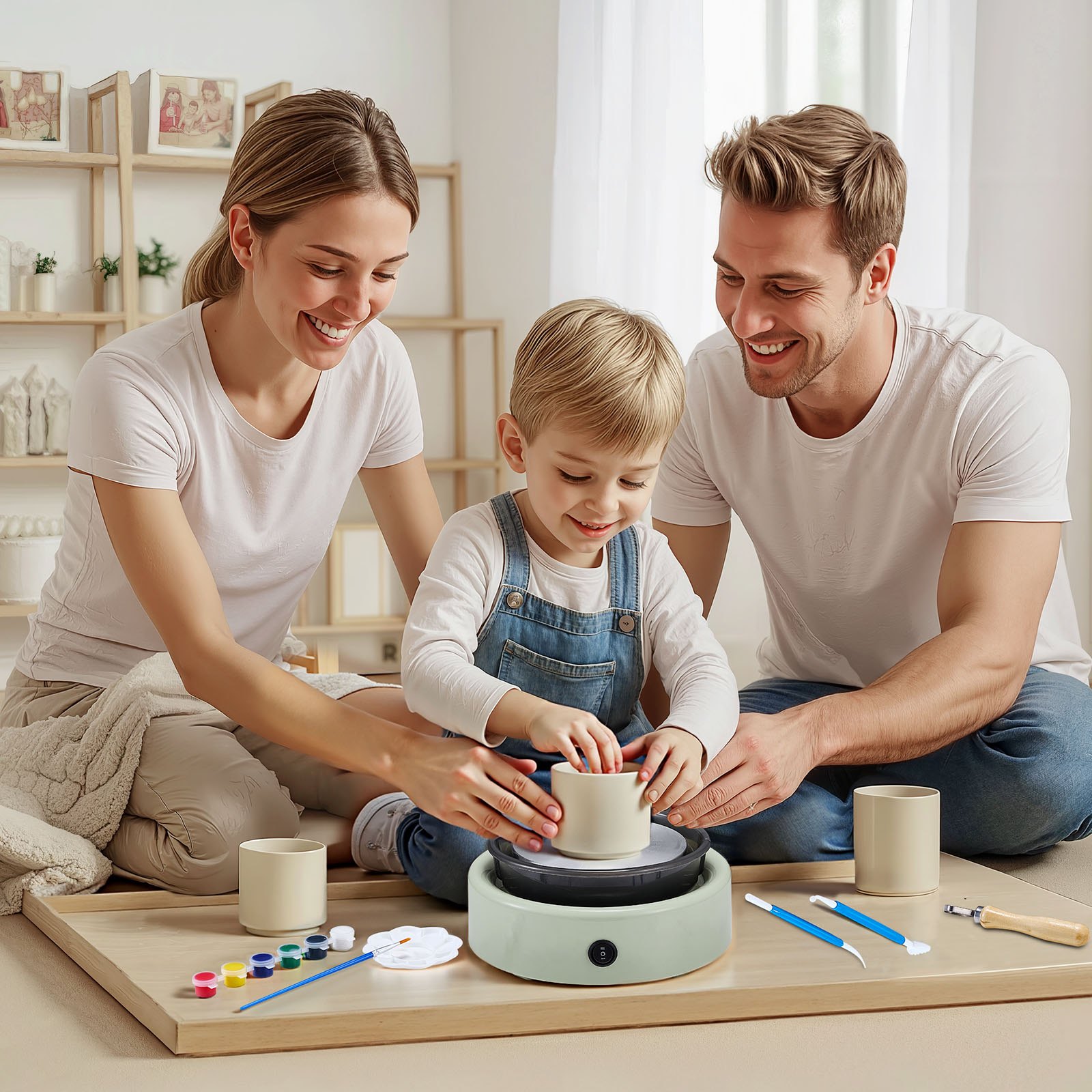 VEVOR Mini Torno de Cerámica, Plato Giratorio de 158 mm Rotación Hacia Adelante/Atrás Velocidad Ajustable, Torno de Arcilla Redondo Eléctrico con Herramientas para Moldear Arcilla para Niños, Verde