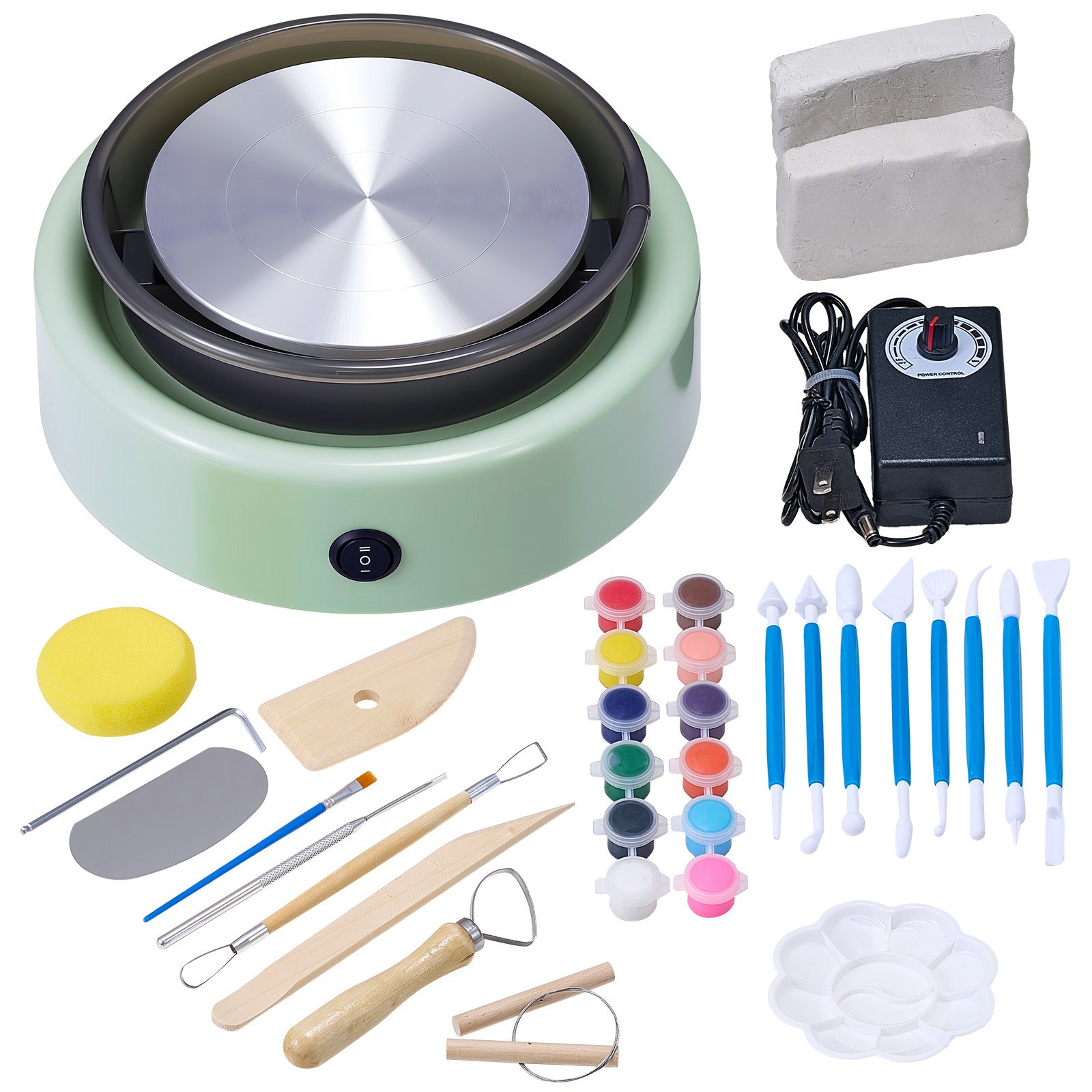 VEVOR Mini Torno de Cerámica, Plato Giratorio de 158 mm Rotación Hacia Adelante/Atrás Velocidad Ajustable, Torno de Arcilla Redondo Eléctrico con Herramientas para Moldear Arcilla para Niños, Verde