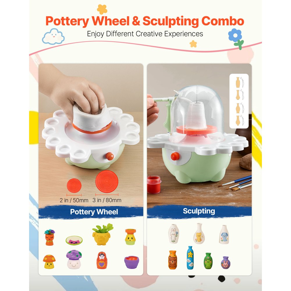 VEVOR Mini Torno de Cerámica, Platos Giratorios de 50 mm y 80 mm, Torno de Arcilla Eléctrico de Velocidad Ajustable con Herramientas para Moldear Arcilla para Niños y Principiantes, Verde