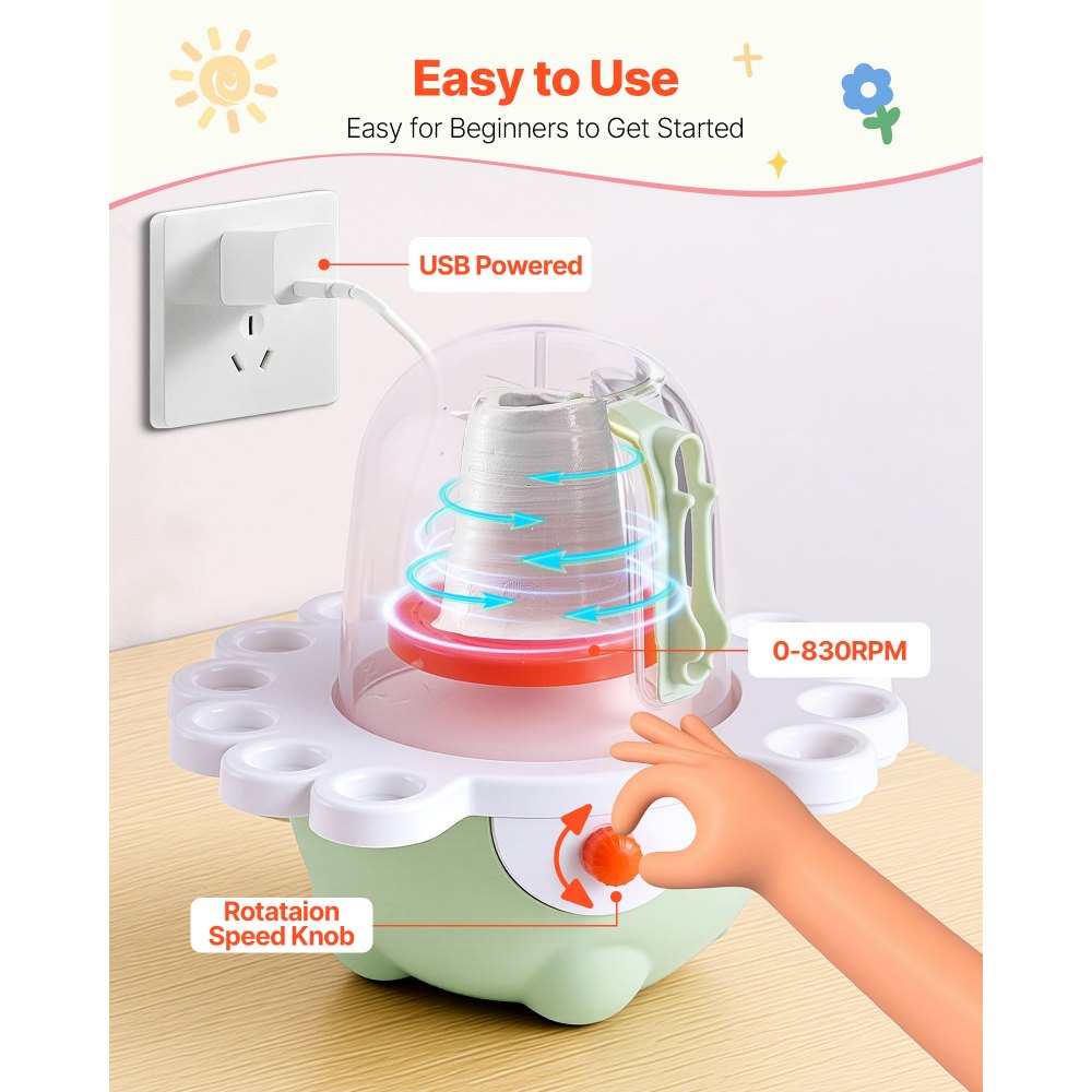 VEVOR Mini Torno de Cerámica, Platos Giratorios de 50 mm y 80 mm, Torno de Arcilla Eléctrico de Velocidad Ajustable con Herramientas para Moldear Arcilla para Niños y Principiantes, Verde