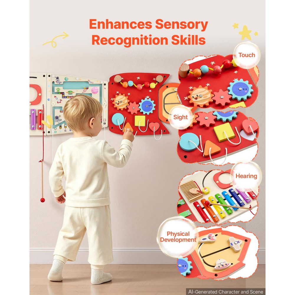 VEVOR Tablero Montessori de Actividades con Cohete 13 en 1 MDF para Niños, Panel Sensorial de Pared con 5 Paneles, Xilófono, Reloj, Engranajes, Cuentas Magnéticas, Laberinto y Formas para Aula y Casa