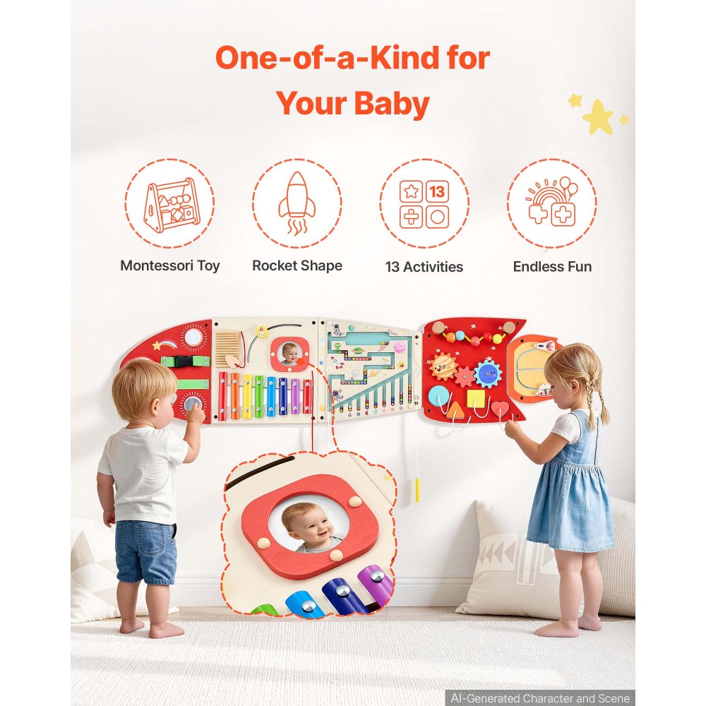VEVOR Tablero Montessori de Actividades con Cohete 13 en 1 MDF para Niños, Panel Sensorial de Pared con 5 Paneles, Xilófono, Reloj, Engranajes, Cuentas Magnéticas, Laberinto y Formas para Aula y Casa