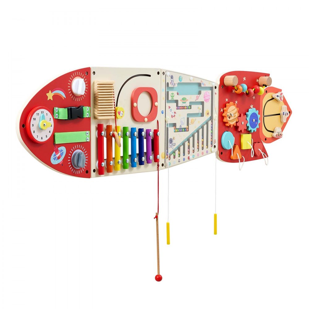 VEVOR Tablero Montessori de Actividades con Cohete 13 en 1 MDF para Niños, Panel Sensorial de Pared con 5 Paneles, Xilófono, Reloj, Engranajes, Cuentas Magnéticas, Laberinto y Formas para Aula y Casa