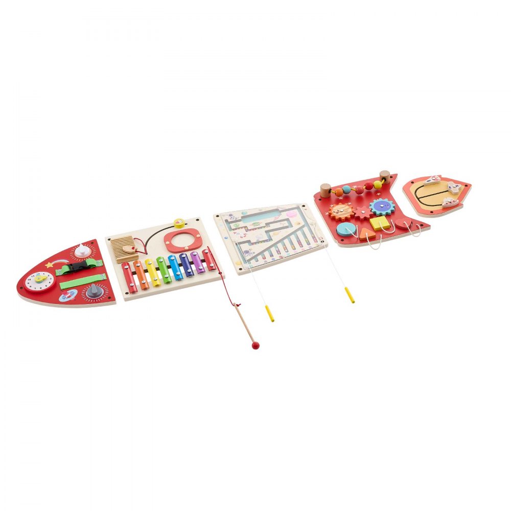 VEVOR Tablero Montessori de Actividades con Cohete 13 en 1 MDF para Niños, Panel Sensorial de Pared con 5 Paneles, Xilófono, Reloj, Engranajes, Cuentas Magnéticas, Laberinto y Formas para Aula y Casa