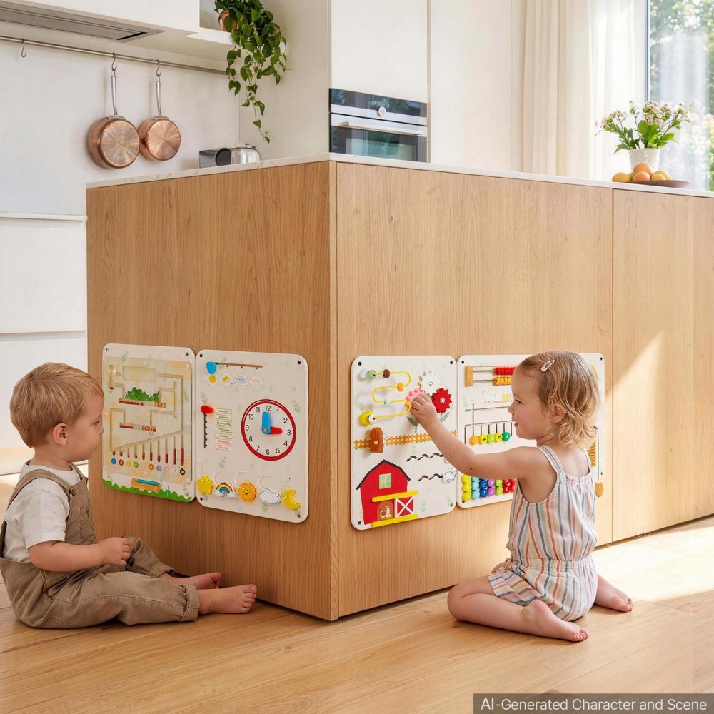 VEVOR Tablero Montessori de Actividades Granja 16 en 1 de Pared para Niños Panel Sensorial con 5 Paneles, Xilófono, Reloj, Engranajes, Cuentas Magnéticas, Cordones y Formas para Guardería, Aula y Casa