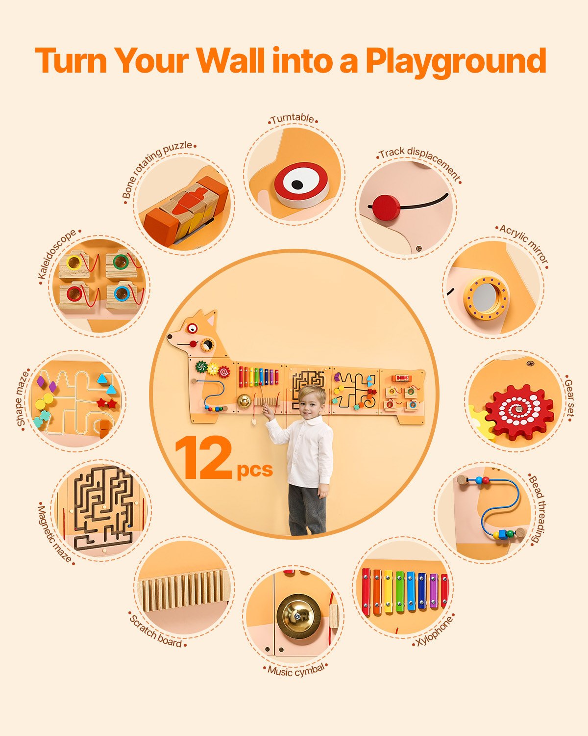 VEVOR Activity Wall Puppy Design, 12 Games, Sensory Montessori Wall Toy for Children 3-12 Years Old, Montessori Learning Activity Center, Ideal for Playrooms, Children's Rooms, Classrooms