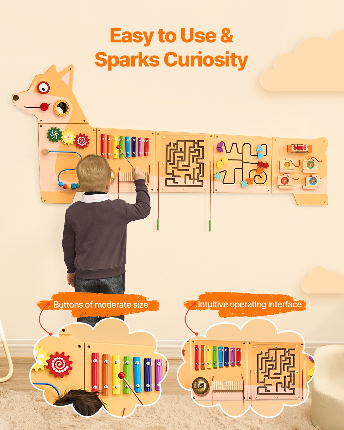 VEVOR Activity Wall Puppy Design, 12 Games, Sensory Montessori Wall Toy for Children 3-12 Years Old, Montessori Learning Activity Center, Ideal for Playrooms, Children's Rooms, Classrooms