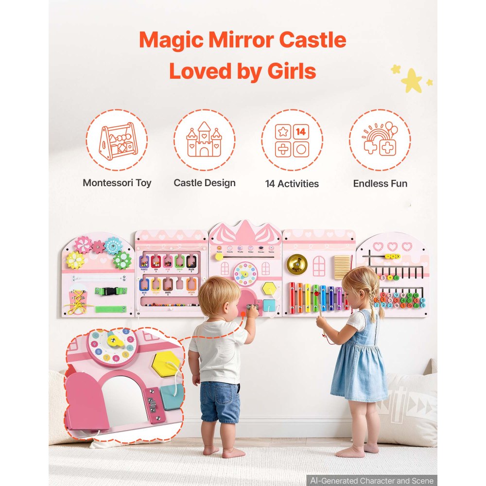 VEVOR Tablero Montessori de Actividades Castillo 14 en 1 de MDF para Niños, Panel Sensorial de Pared con 5 Paneles, Xilófono, Reloj, Engranajes, Cuentas Magnéticas y Rompecabezas para Aula y Casa