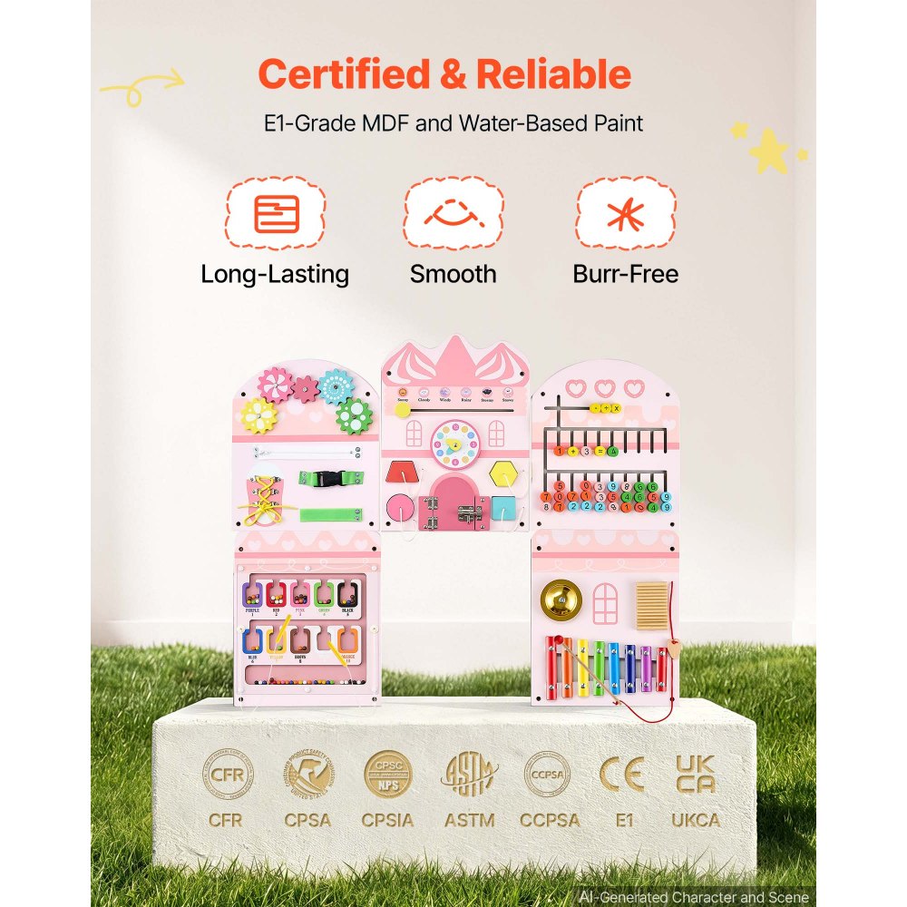 VEVOR Tablero Montessori de Actividades Castillo 14 en 1 de MDF para Niños, Panel Sensorial de Pared con 5 Paneles, Xilófono, Reloj, Engranajes, Cuentas Magnéticas y Rompecabezas para Aula y Casa