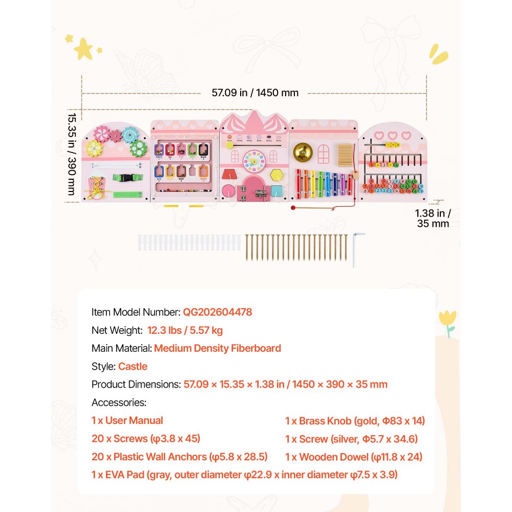 VEVOR Tablero Montessori de Actividades Castillo 14 en 1 de MDF para Niños, Panel Sensorial de Pared con 5 Paneles, Xilófono, Reloj, Engranajes, Cuentas Magnéticas y Rompecabezas para Aula y Casa