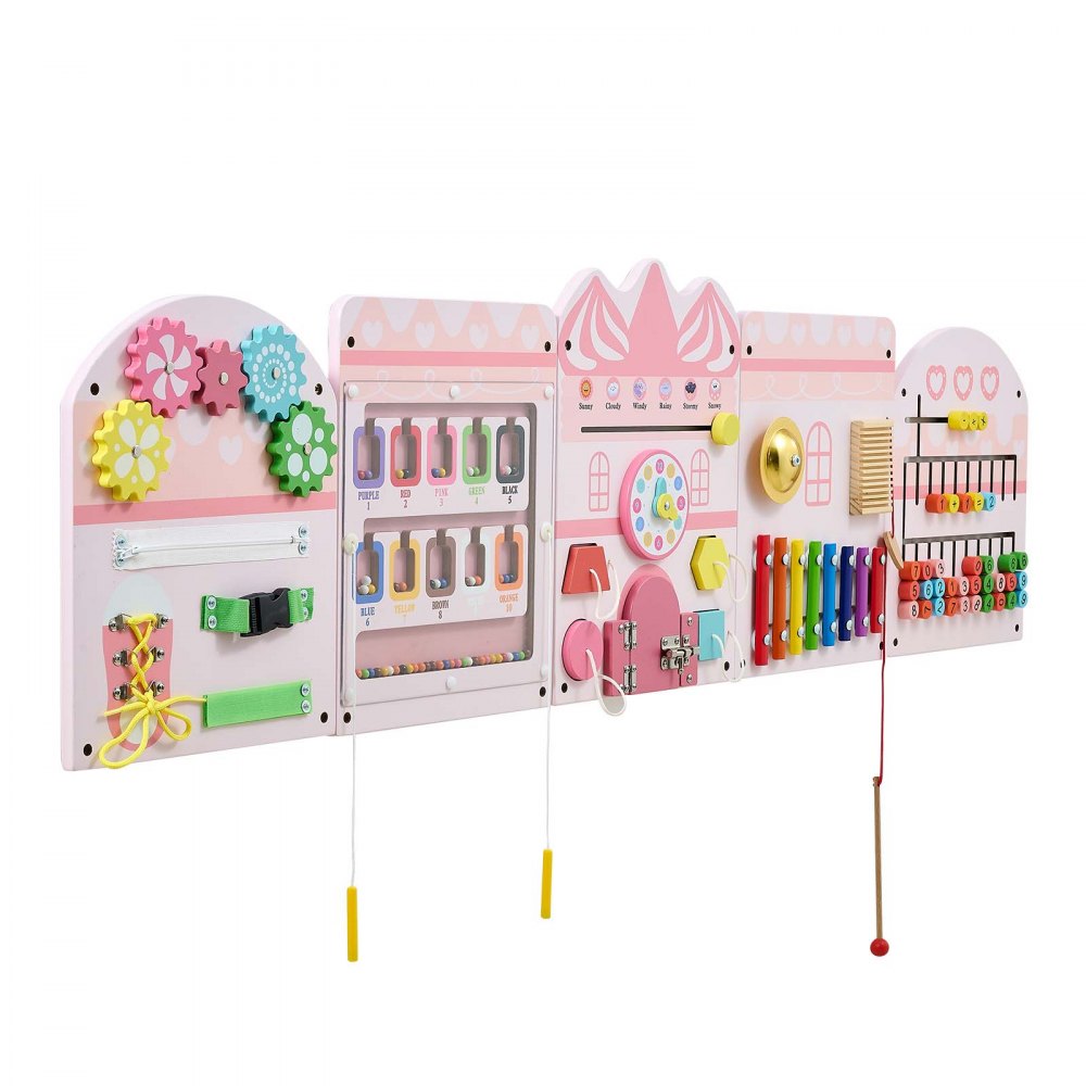 VEVOR Tablero Montessori de Actividades Castillo 14 en 1 de MDF para Niños, Panel Sensorial de Pared con 5 Paneles, Xilófono, Reloj, Engranajes, Cuentas Magnéticas y Rompecabezas para Aula y Casa