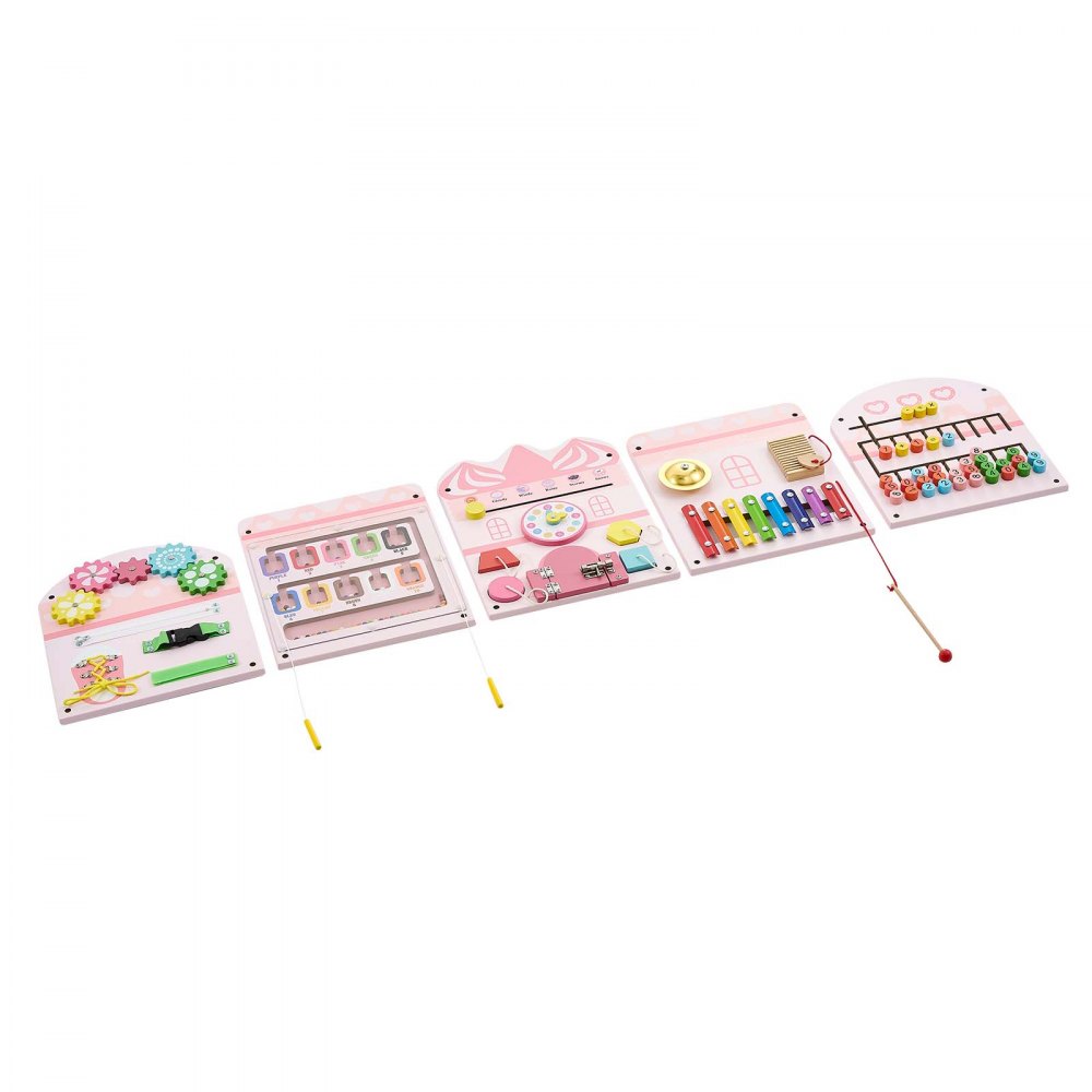 VEVOR Tablero Montessori de Actividades Castillo 14 en 1 de MDF para Niños, Panel Sensorial de Pared con 5 Paneles, Xilófono, Reloj, Engranajes, Cuentas Magnéticas y Rompecabezas para Aula y Casa
