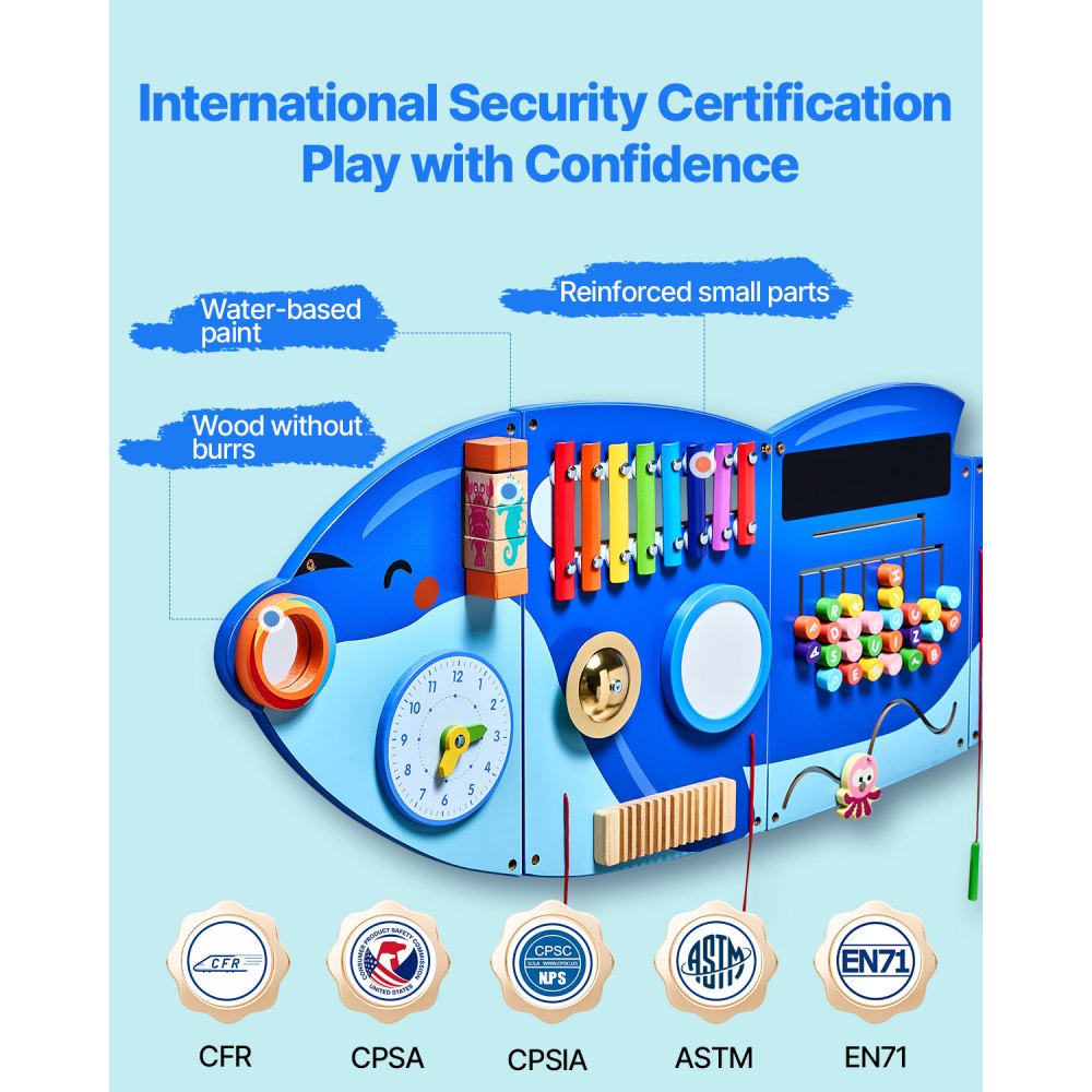 VEVOR Orca Activity Wall, Busy Board Panels, 12 Games, Montessori Sensory Wall Toy for Children 3-12 Years Old, Learning Activity Center, Ideal for Playrooms, Kindergartens, Classrooms