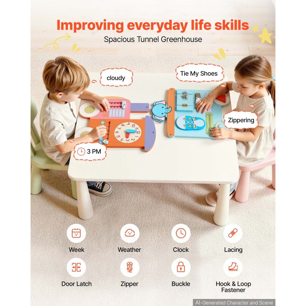 VEVOR Tablero Montessori de Actividades de Pared con Tren, 18 en 1 MDF para Niños, Panel Sensorial con 5 Paneles, Xilófono, Reloj, Engranajes, Cuentas Magnéticas, Cordones, Formas para Guardería, Aula