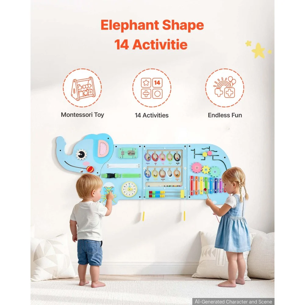 VEVOR Tablero Montessori de Actividades Elefante Pared 14 en 1 para Niños, Panel Sensorial con 4 Paneles, Xilófono, Ábaco, Engranajes, Reloj y Juegos Magnéticos para Guardería, Aula y Casa Infantil