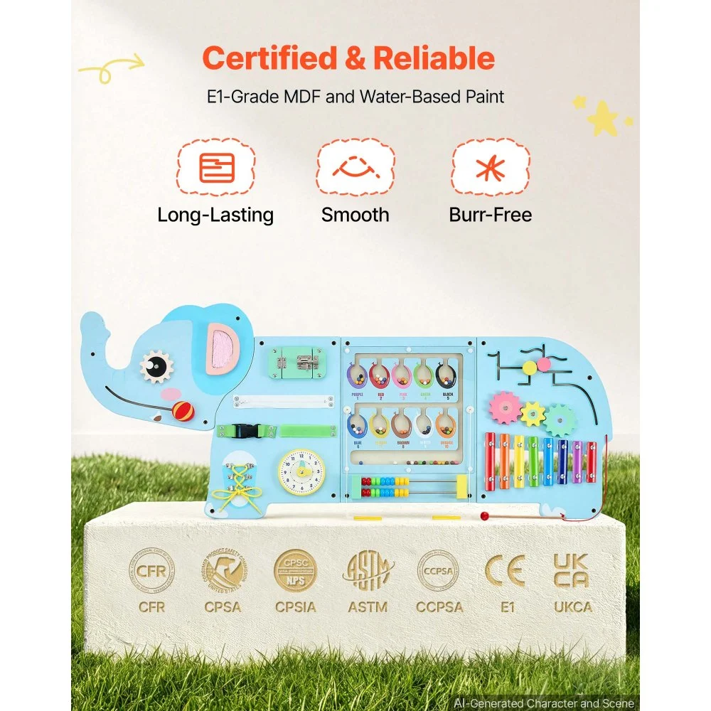 VEVOR Tablero Montessori de Actividades Elefante Pared 14 en 1 para Niños, Panel Sensorial con 4 Paneles, Xilófono, Ábaco, Engranajes, Reloj y Juegos Magnéticos para Guardería, Aula y Casa Infantil