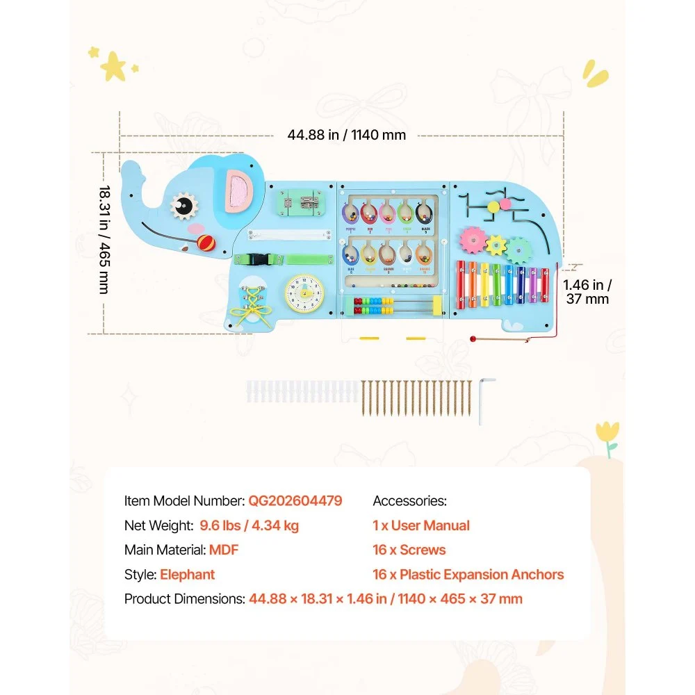 VEVOR Tablero Montessori de Actividades Elefante Pared 14 en 1 para Niños, Panel Sensorial con 4 Paneles, Xilófono, Ábaco, Engranajes, Reloj y Juegos Magnéticos para Guardería, Aula y Casa Infantil