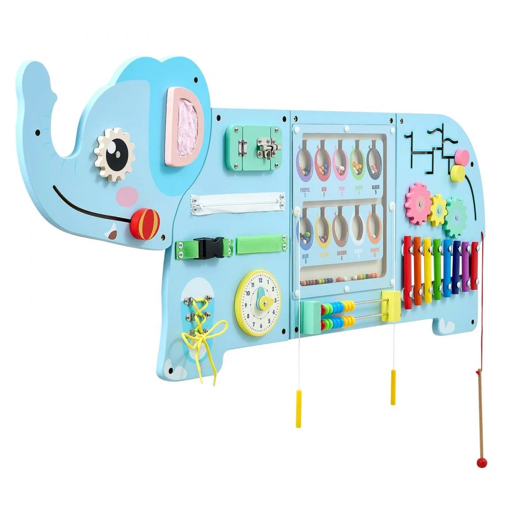 VEVOR Tablero Montessori de Actividades Elefante Pared 14 en 1 para Niños, Panel Sensorial con 4 Paneles, Xilófono, Ábaco, Engranajes, Reloj y Juegos Magnéticos para Guardería, Aula y Casa Infantil