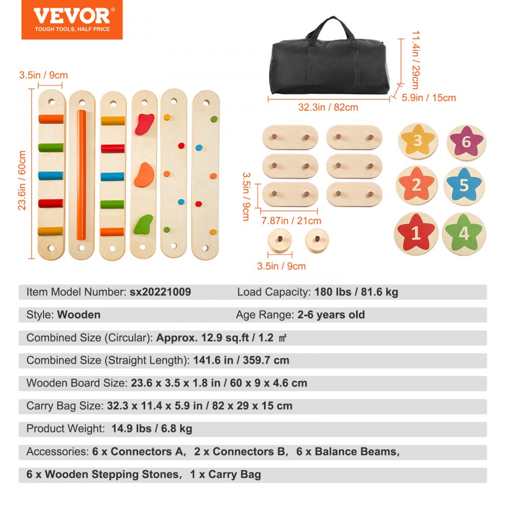 VEVOR Balance Beam Stepping Stones, 6-Piece Wooden Balance Boards for Toddlers, Montessori Toy for Children 2-6 Years Old, Promotes Coordination and Gross Motor Skills, Gymnastics Obstacle Course for Indoor and Outdoor Use, for Girls and Boys