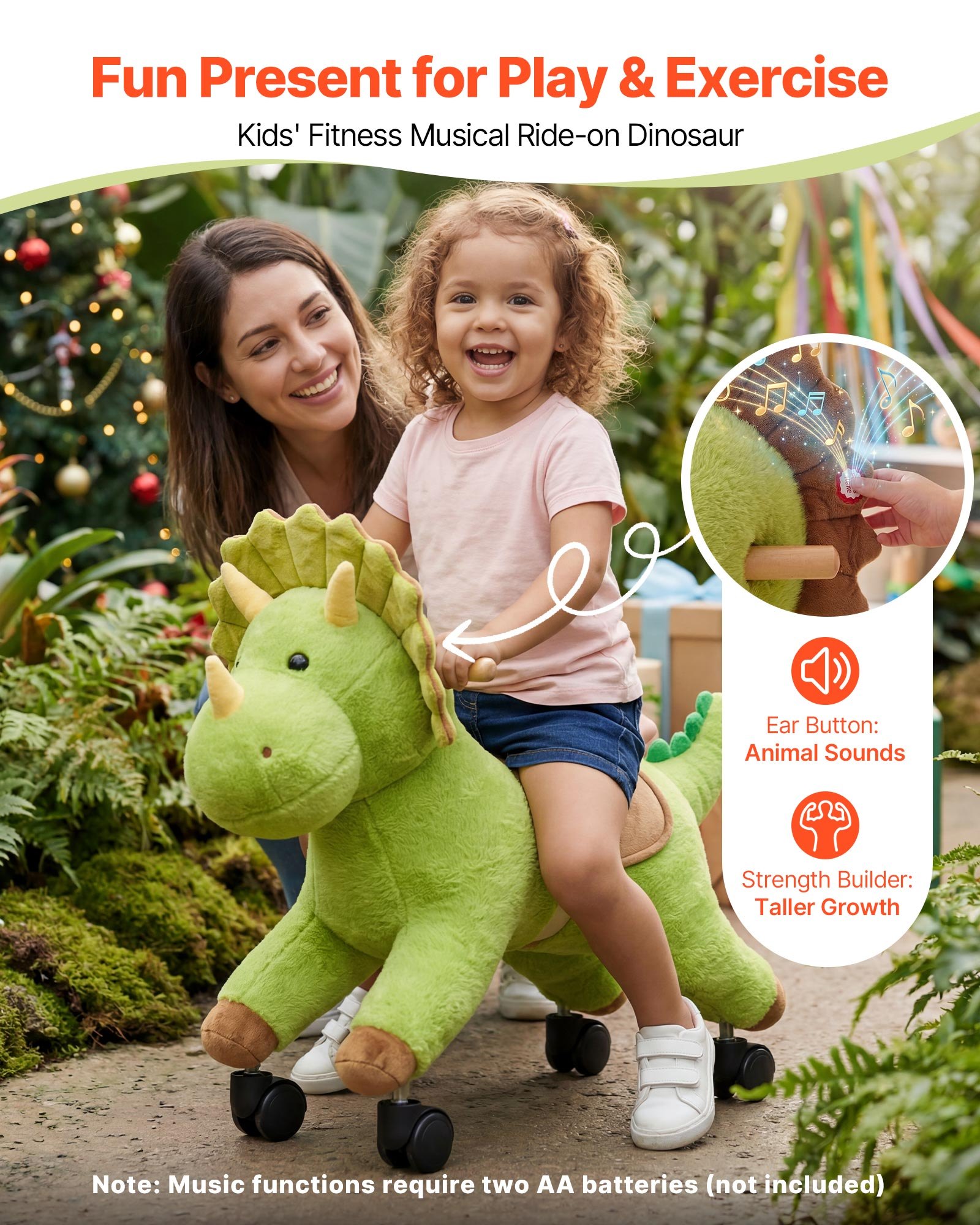 VEVOR Dinosaurio de Juguete Correpasillos para Niños, Juguete de Montar sin Pedales con Sonido, Ruedas Giratorias, Asiento Acolchado y Estructura de Metal, Uso Interior y Exterior, Carga hasta 40 kg