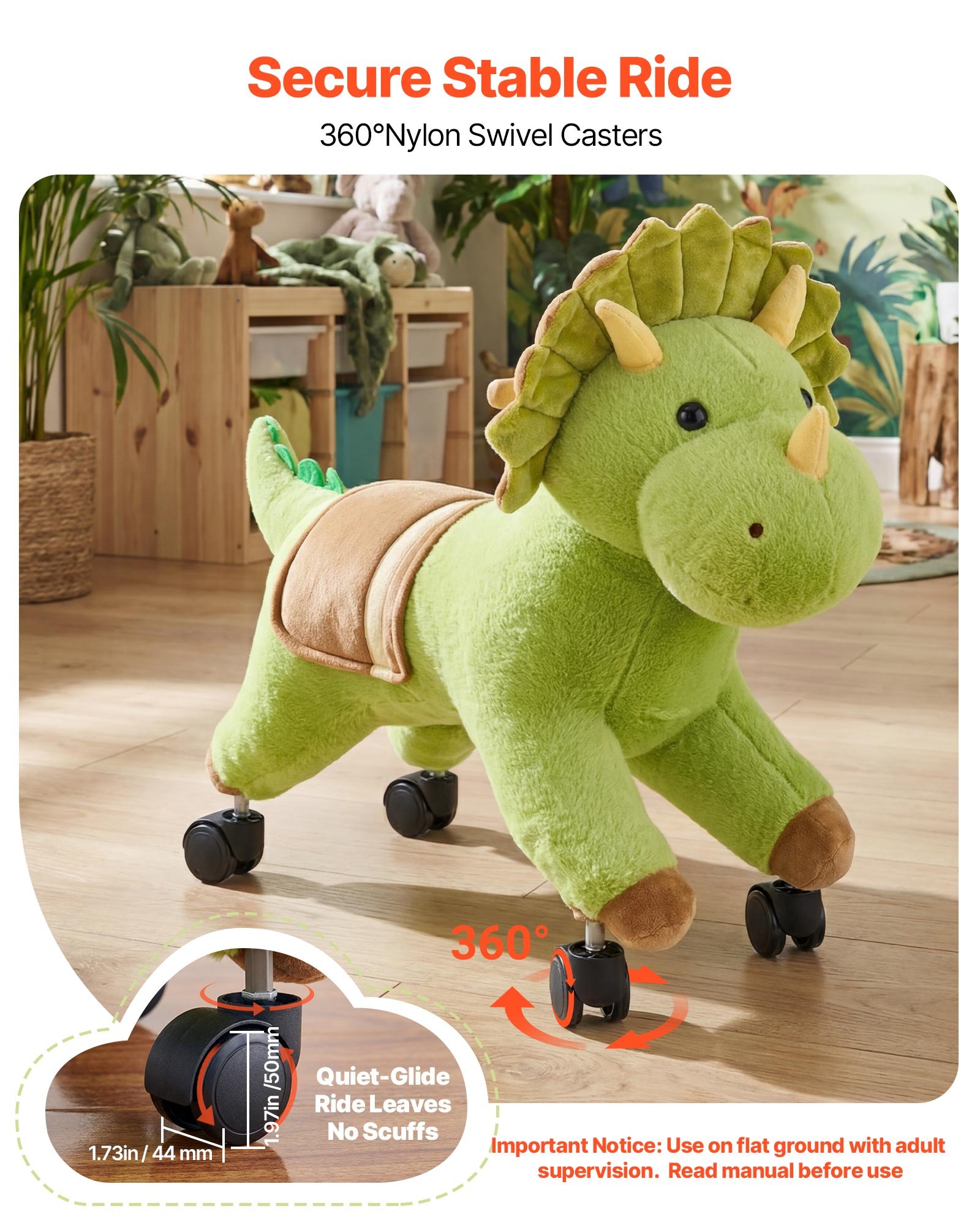 VEVOR Dinosaurio de Juguete Correpasillos para Niños, Juguete de Montar sin Pedales con Sonido, Ruedas Giratorias, Asiento Acolchado y Estructura de Metal, Uso Interior y Exterior, Carga hasta 40 kg
