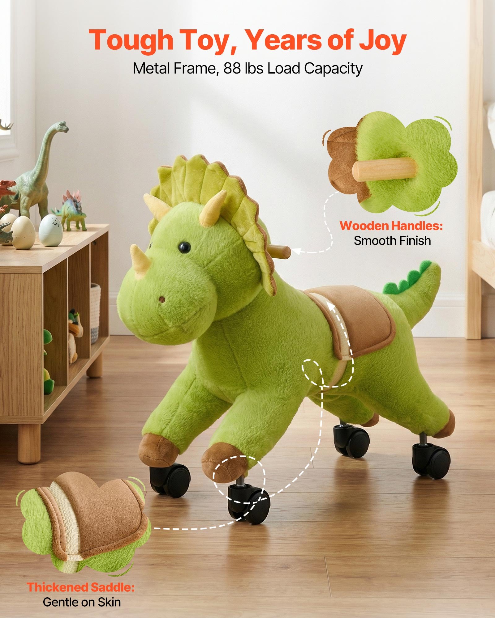 VEVOR Dinosaurio de Juguete Correpasillos para Niños, Juguete de Montar sin Pedales con Sonido, Ruedas Giratorias, Asiento Acolchado y Estructura de Metal, Uso Interior y Exterior, Carga hasta 40 kg