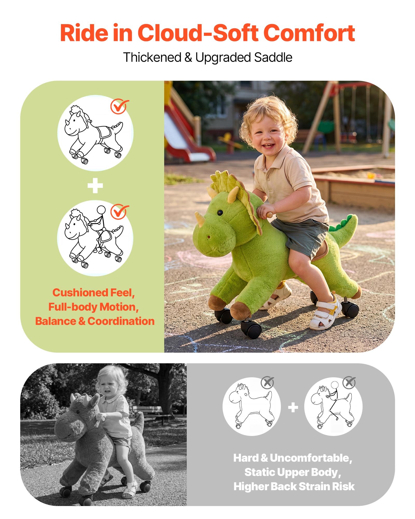 VEVOR Dinosaurio de Juguete Correpasillos para Niños, Juguete de Montar sin Pedales con Sonido, Ruedas Giratorias, Asiento Acolchado y Estructura de Metal, Uso Interior y Exterior, Carga hasta 40 kg