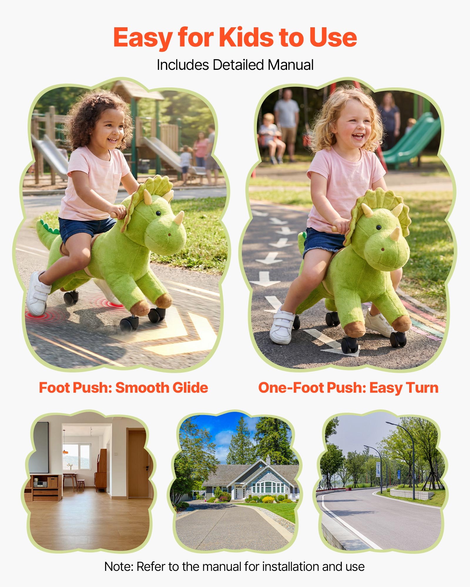 VEVOR Dinosaurio de Juguete Correpasillos para Niños, Juguete de Montar sin Pedales con Sonido, Ruedas Giratorias, Asiento Acolchado y Estructura de Metal, Uso Interior y Exterior, Carga hasta 40 kg
