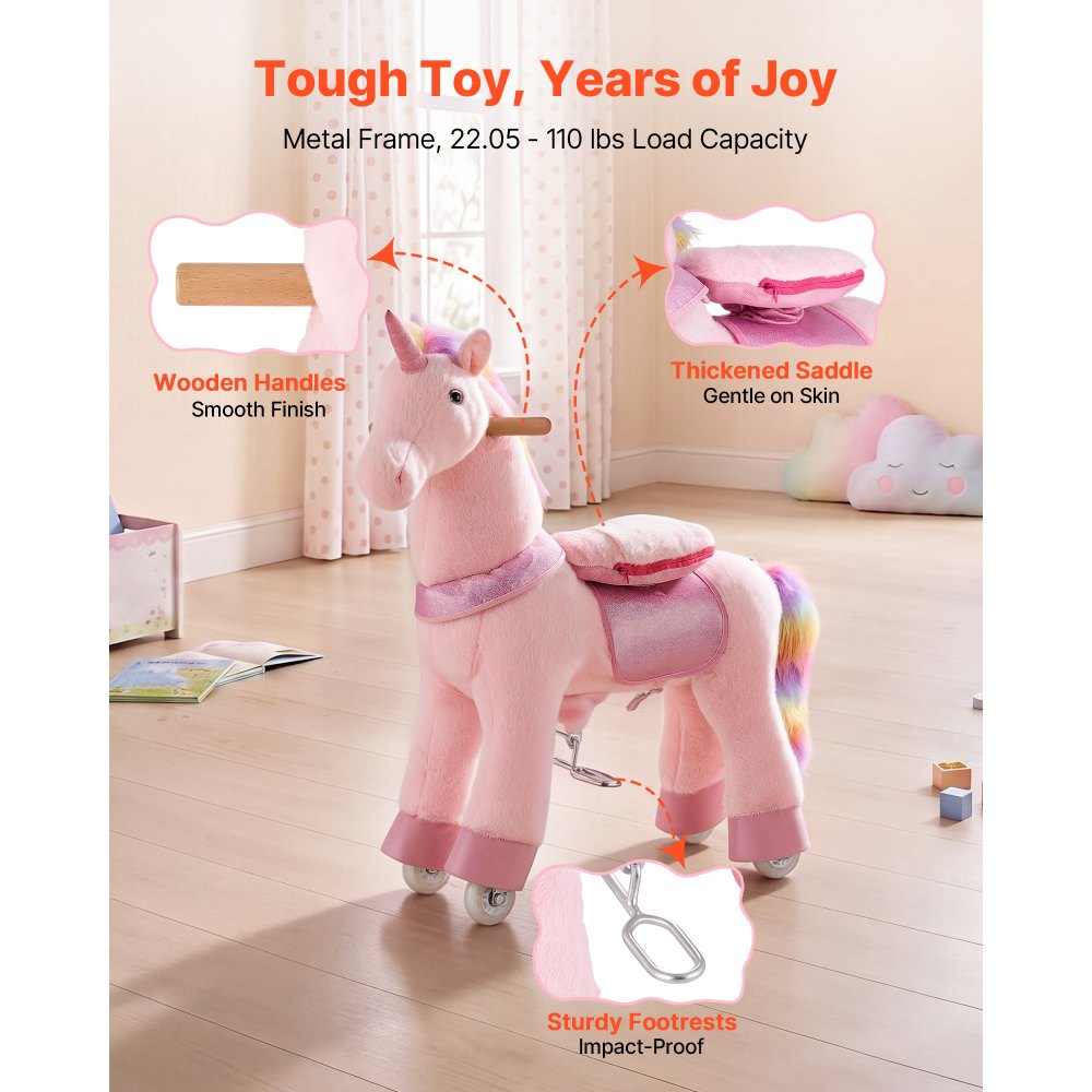 VEVOR Unicornio de Juguete para Niños, Pony de Montar con Ruedas y Pedales, Caballito Unicornio con Sonido, Estructura de Metal, Carga hasta 50 kg, Uso Interior y Exterior, para Niños de 3 a 8 Años