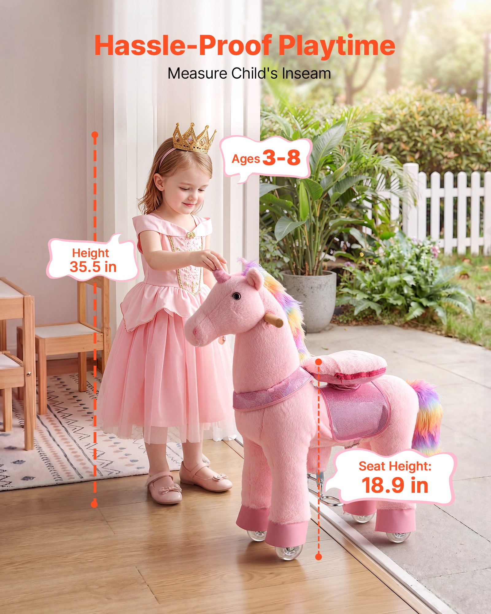 VEVOR Unicornio de Juguete para Niños, Pony de Montar con Ruedas y Pedales, Caballito Unicornio con Sonido, Estructura de Metal, Carga hasta 50 kg, Uso Interior y Exterior, para Niños de 3 a 8 Años