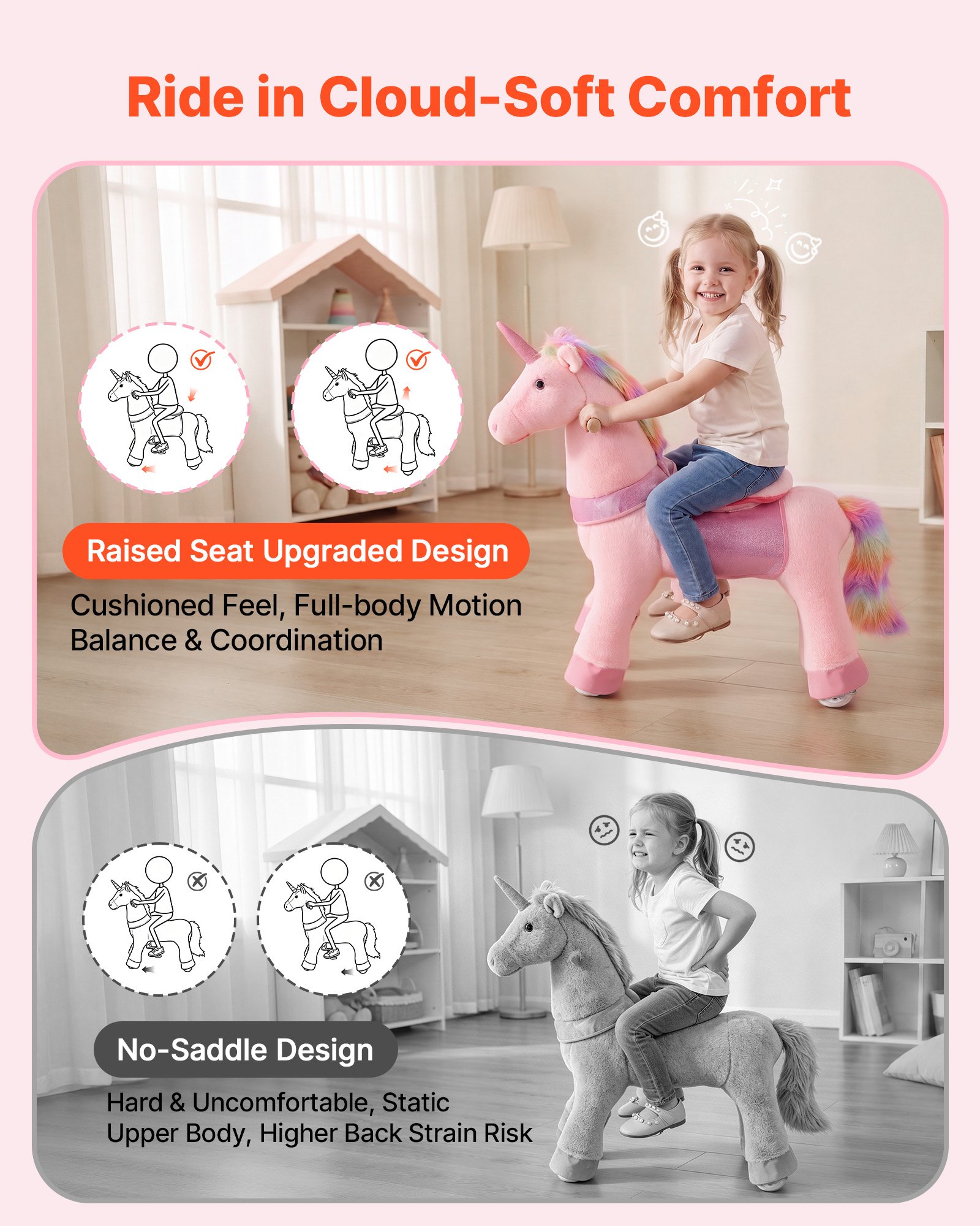 VEVOR Unicornio de Juguete para Niños, Pony de Montar con Ruedas y Pedales, Caballito Unicornio con Sonido, Estructura de Metal, Carga hasta 50 kg, Uso Interior y Exterior, para Niños de 3 a 8 Años