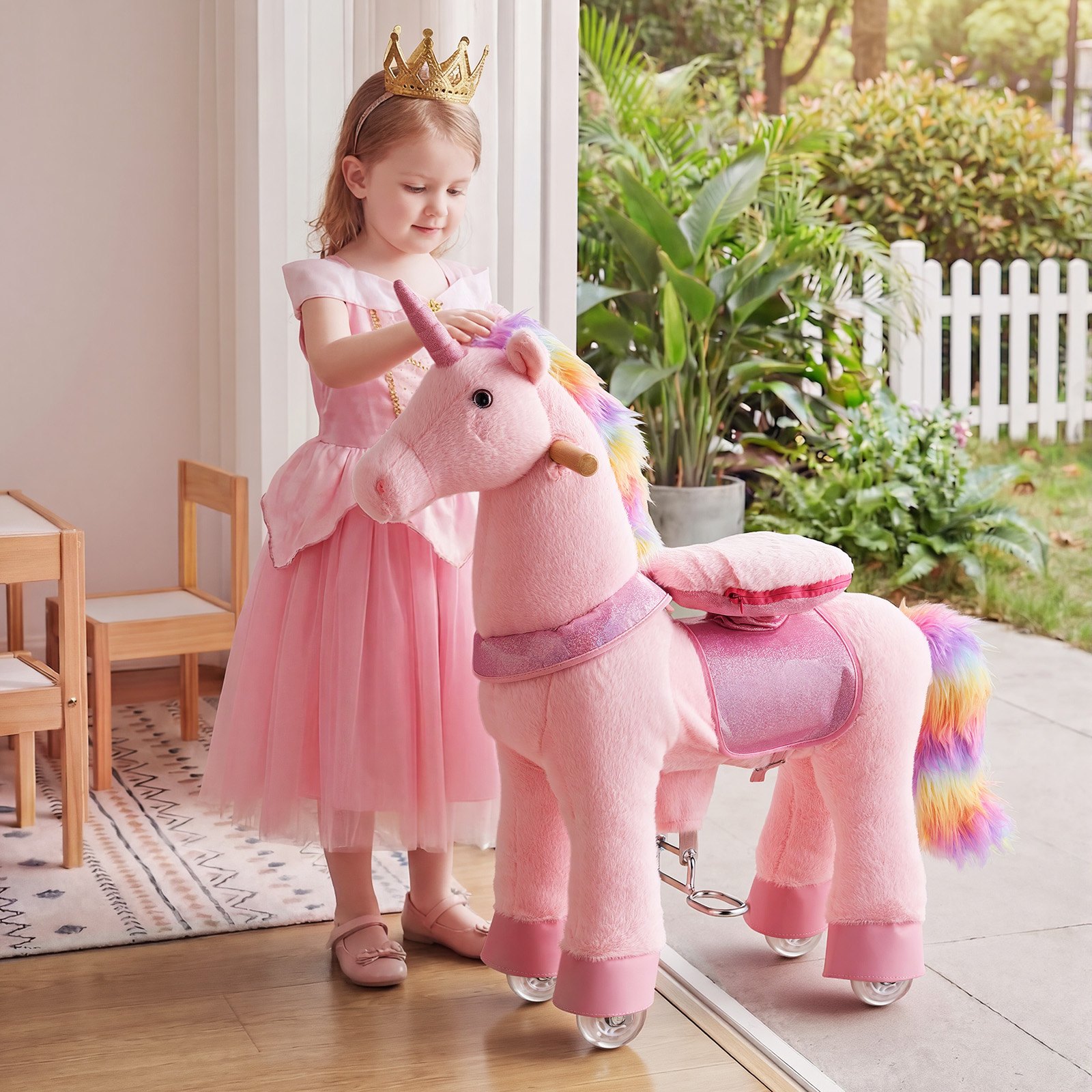VEVOR Unicornio de Juguete para Niños, Pony de Montar con Ruedas y Pedales, Caballito Unicornio con Sonido, Estructura de Metal, Carga hasta 50 kg, Uso Interior y Exterior, para Niños de 3 a 8 Años