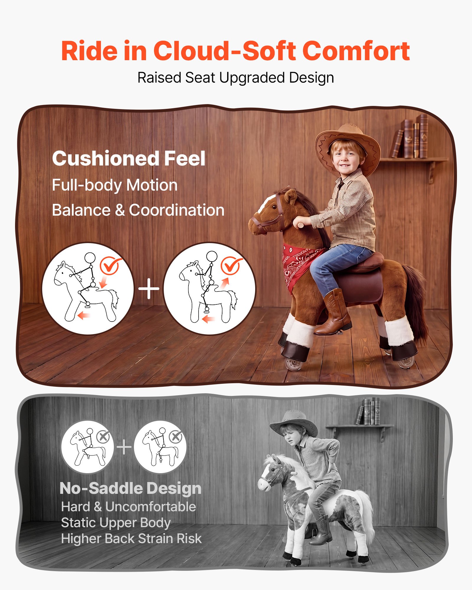 VEVOR Caballo de Juguete para Niños, Pony de Montar con Ruedas, Pedales, Caballito Infantil con Asiento Elevado, Estructura de Metal, Uso Interior y Exterior, Carga hasta 50 kg, Niños Niñas 3 a 8 Años